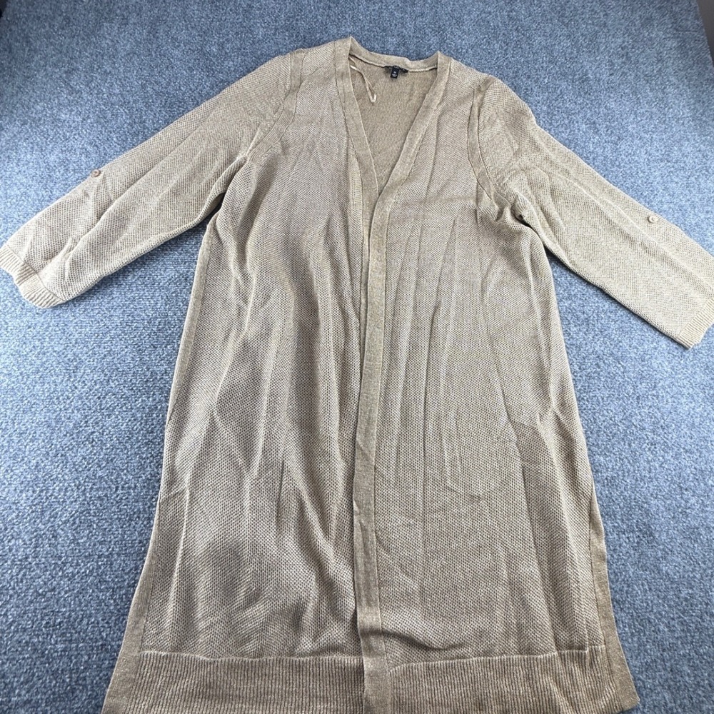Talbots Woman Tan Gold Metallic Open Knit Duster Cardigan 1X Button Tab 0755